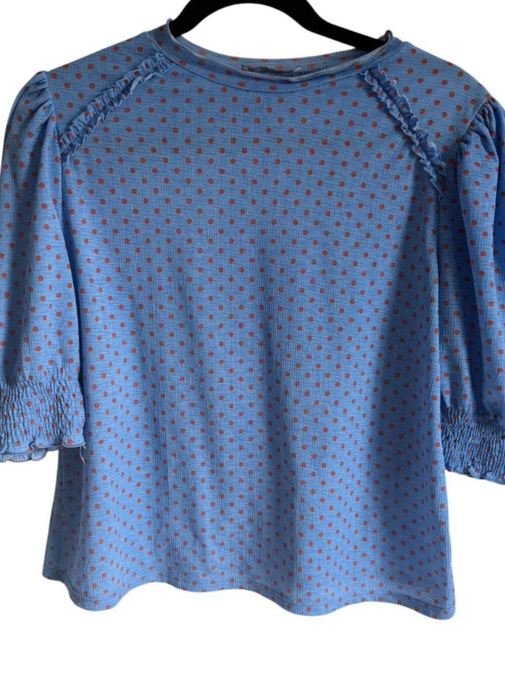 Zara Blue and Red Polka Dot Ruffle 3/4 Sleeve Blouse, Size Small
